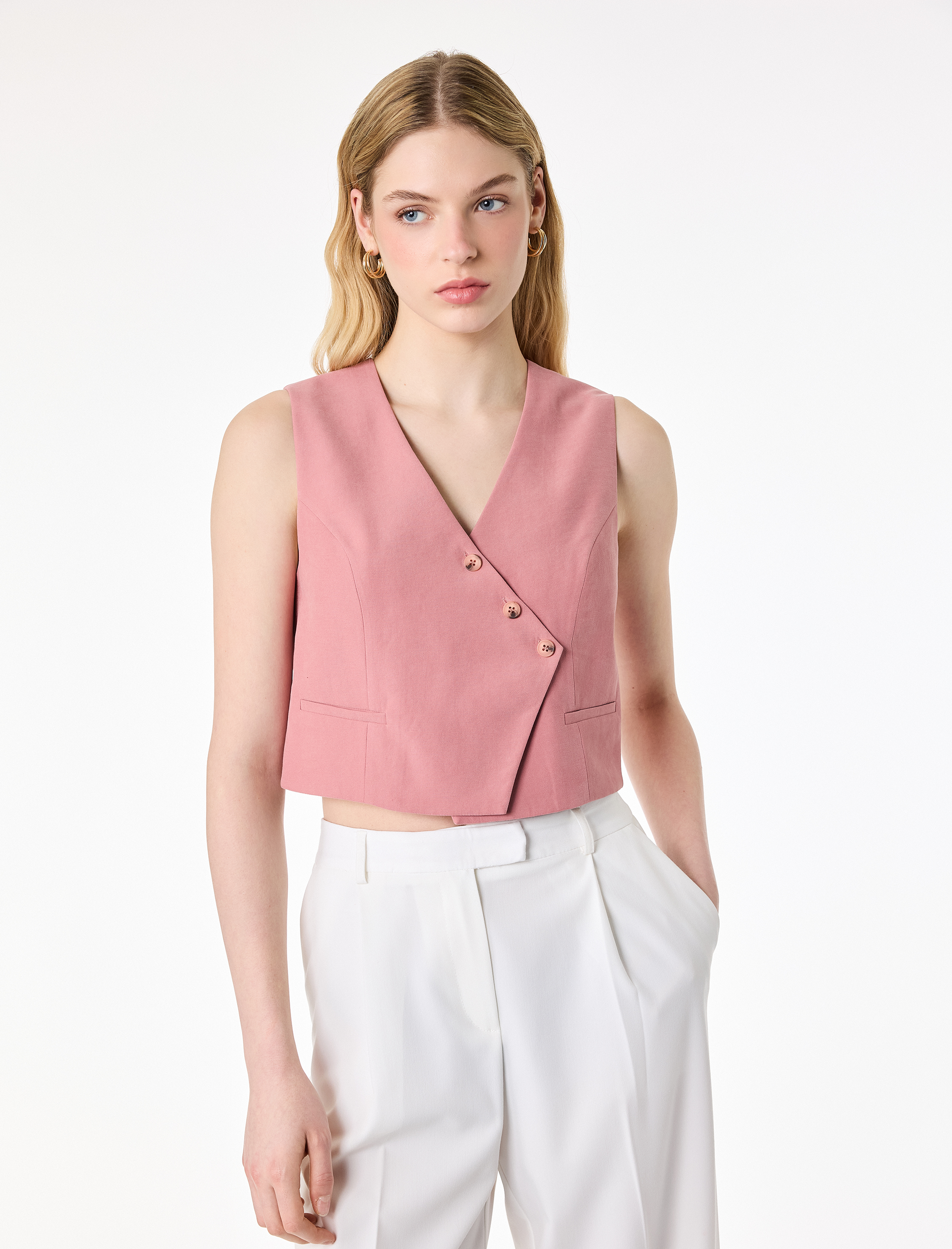   Viskon Düğmeli Asimetrik Kesim Yelek