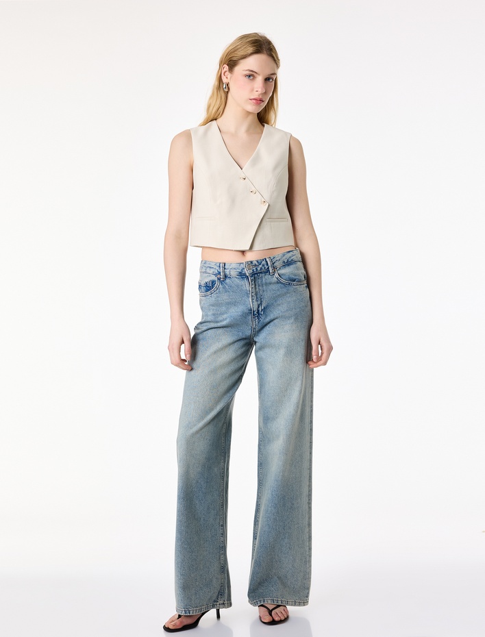  Viskon Kupro Kumaş Asimetrik Kruvaze Crop Yelek