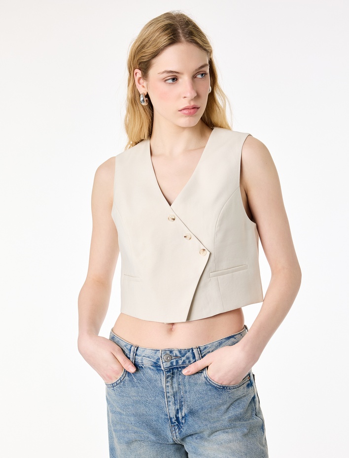  Viskon Kupro Kumaş Asimetrik Kruvaze Crop Yelek