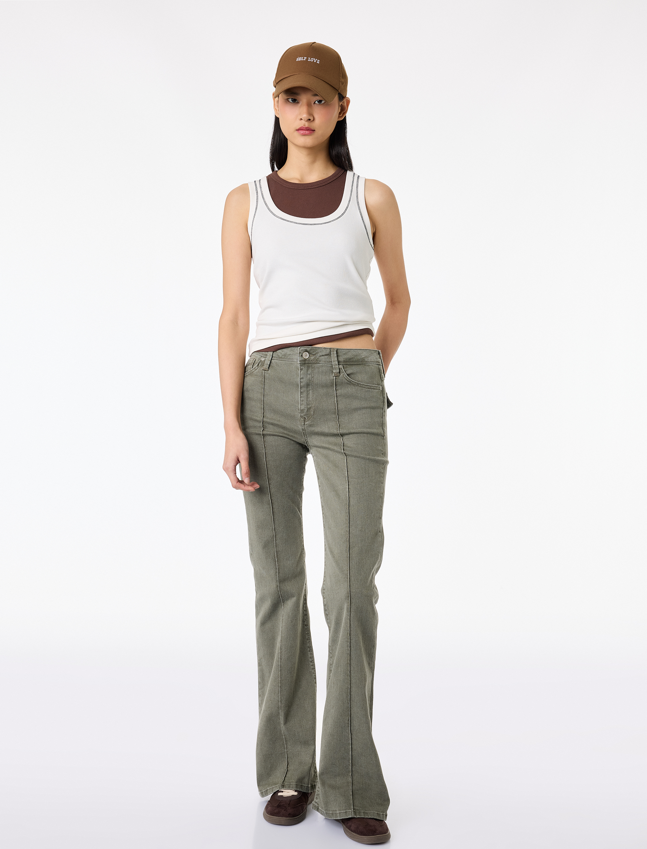   Nervürlü Cepli Düğmeli İspanyol Paça Denim Pantolon - Flare Jeans