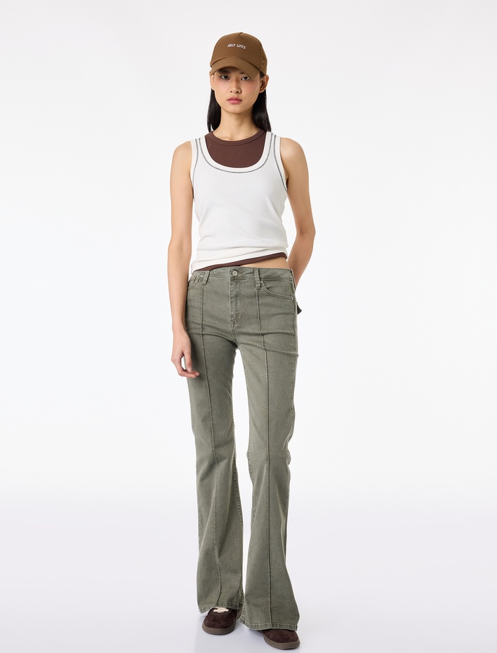  Nervürlü Cepli Düğmeli İspanyol Paça Denim Pantolon - Flare Jeans