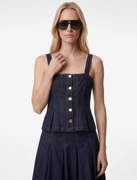 Kare Yaka Kolsuz Pileli Düğme Detaylı Denim Bluz