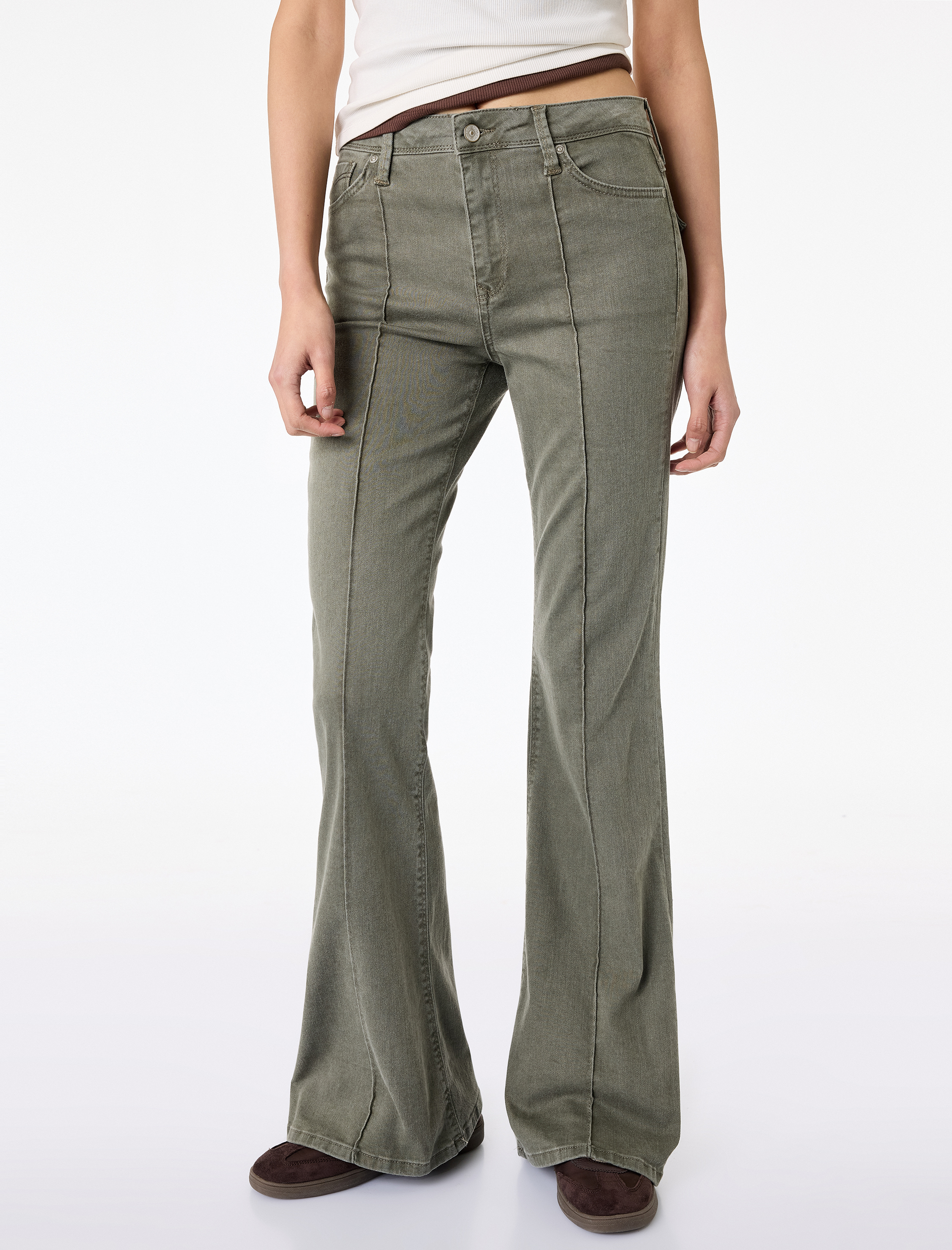   Nervürlü Cepli Düğmeli İspanyol Paça Denim Pantolon - Flare Jeans