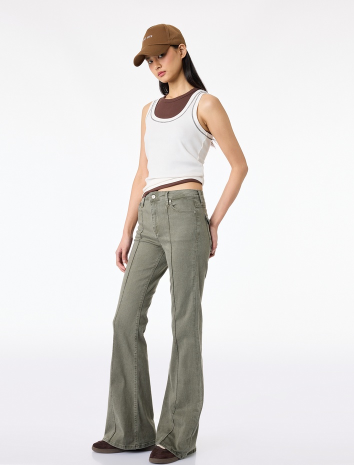  Nervürlü Cepli Düğmeli İspanyol Paça Denim Pantolon - Flare Jeans