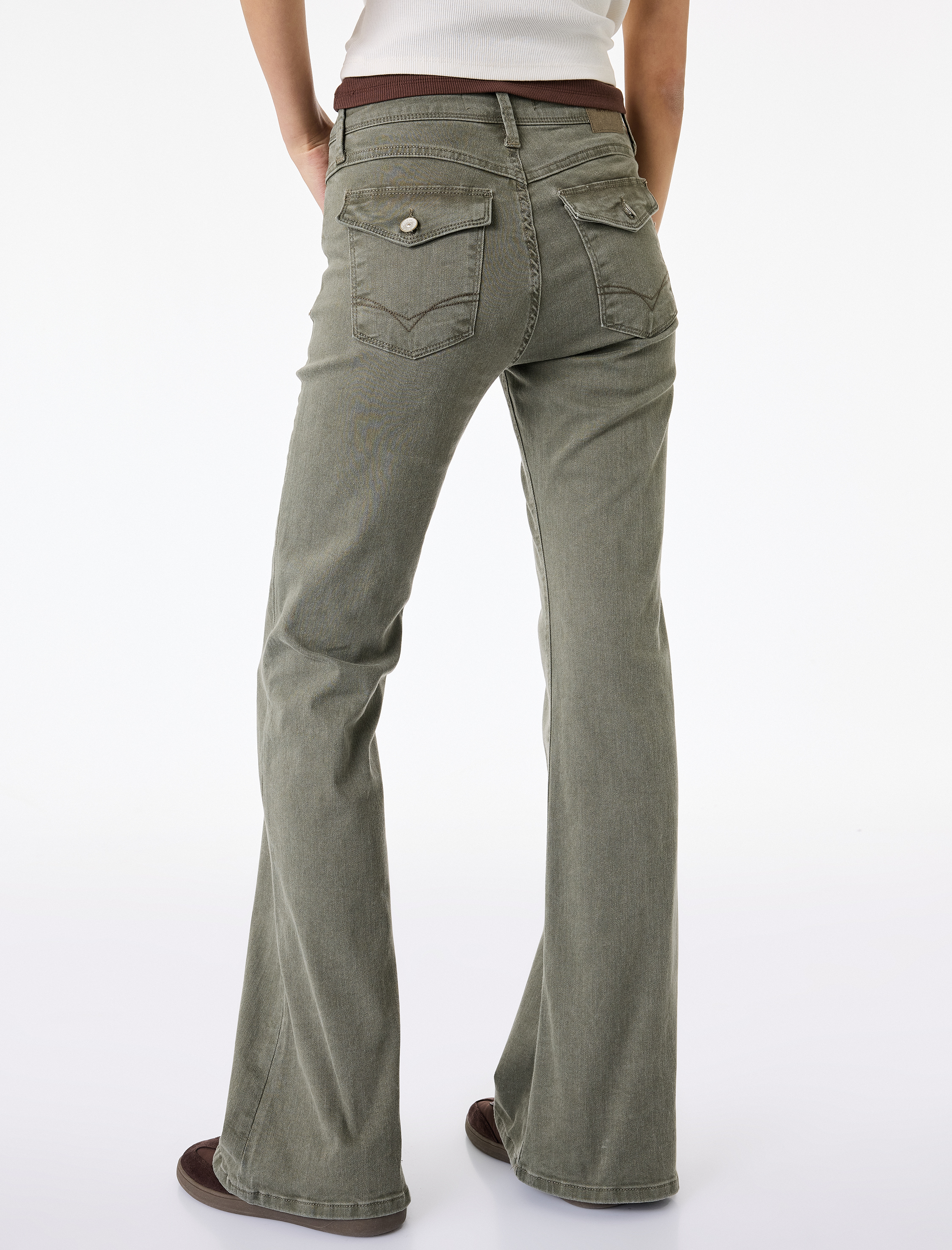   Nervürlü Cepli Düğmeli İspanyol Paça Denim Pantolon - Flare Jeans