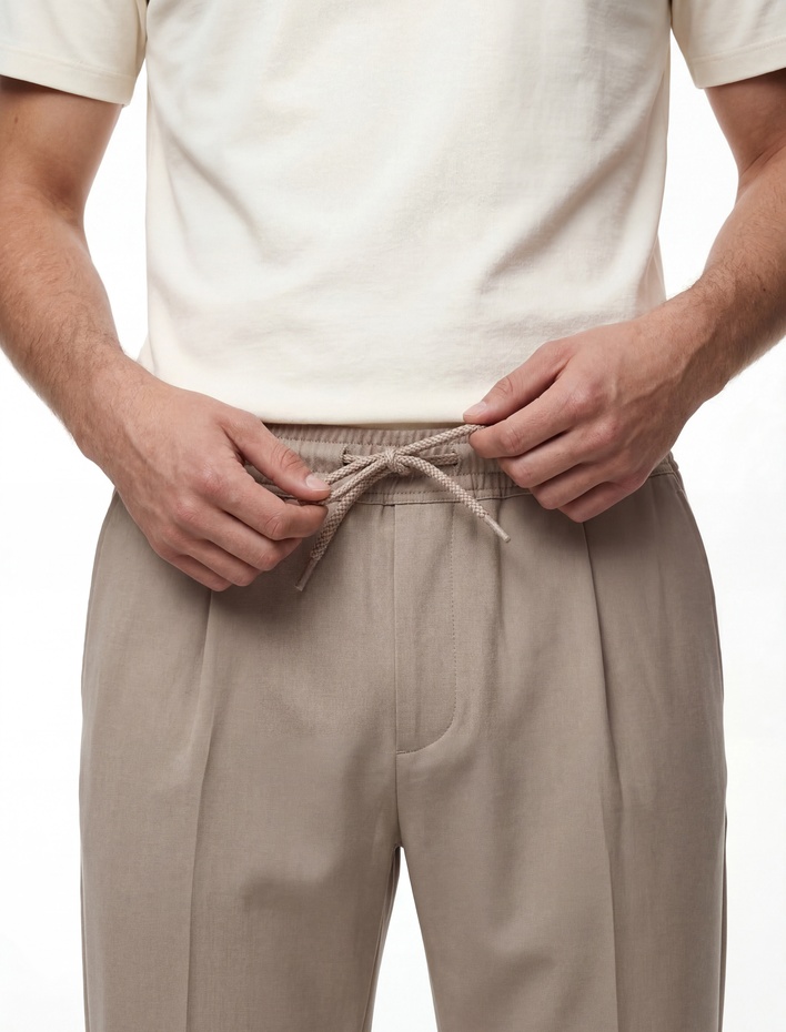  Viskon Cep Detaylı Duble Paça Beli Bağcıklı Pantolon