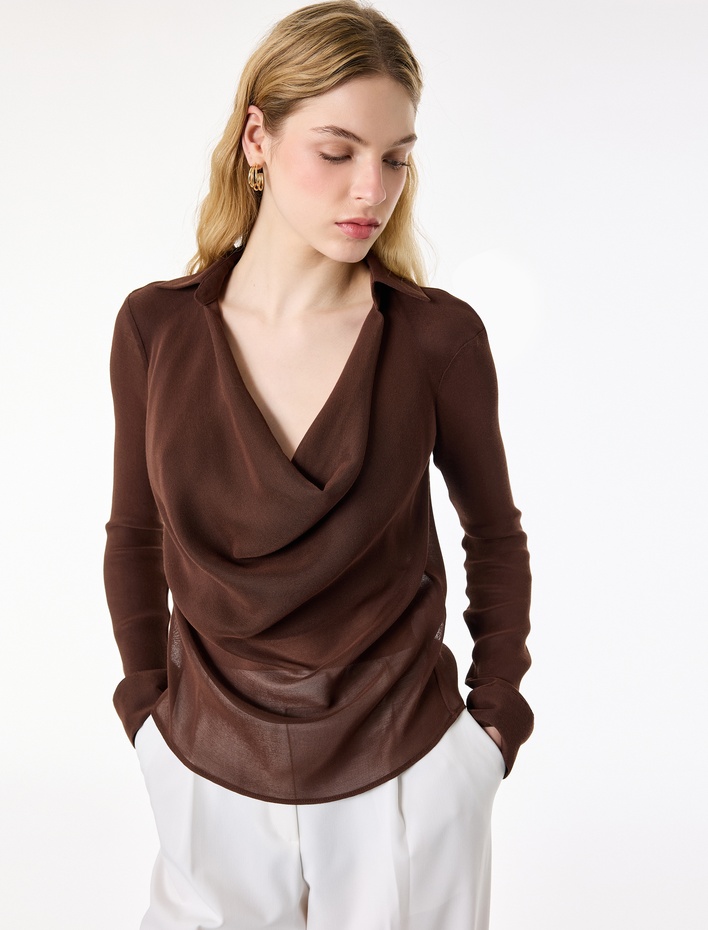  Viskon Karışımlı Uzun Kollu Degaje Yaka Tül Bluz