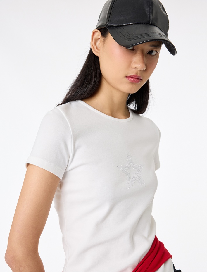  Slim Fit Kısa Kollu Bisiklet Yaka Baskılı Pamuklu Tişört