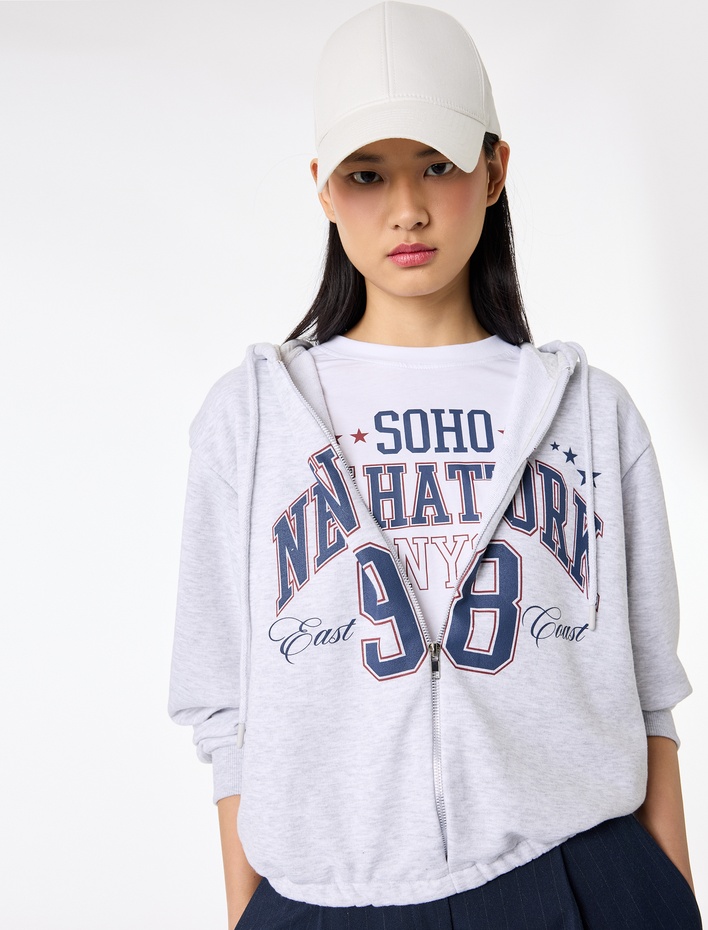  Uzun Kollu Kapüşonlu Fermuarlı Crop Sweatshirt