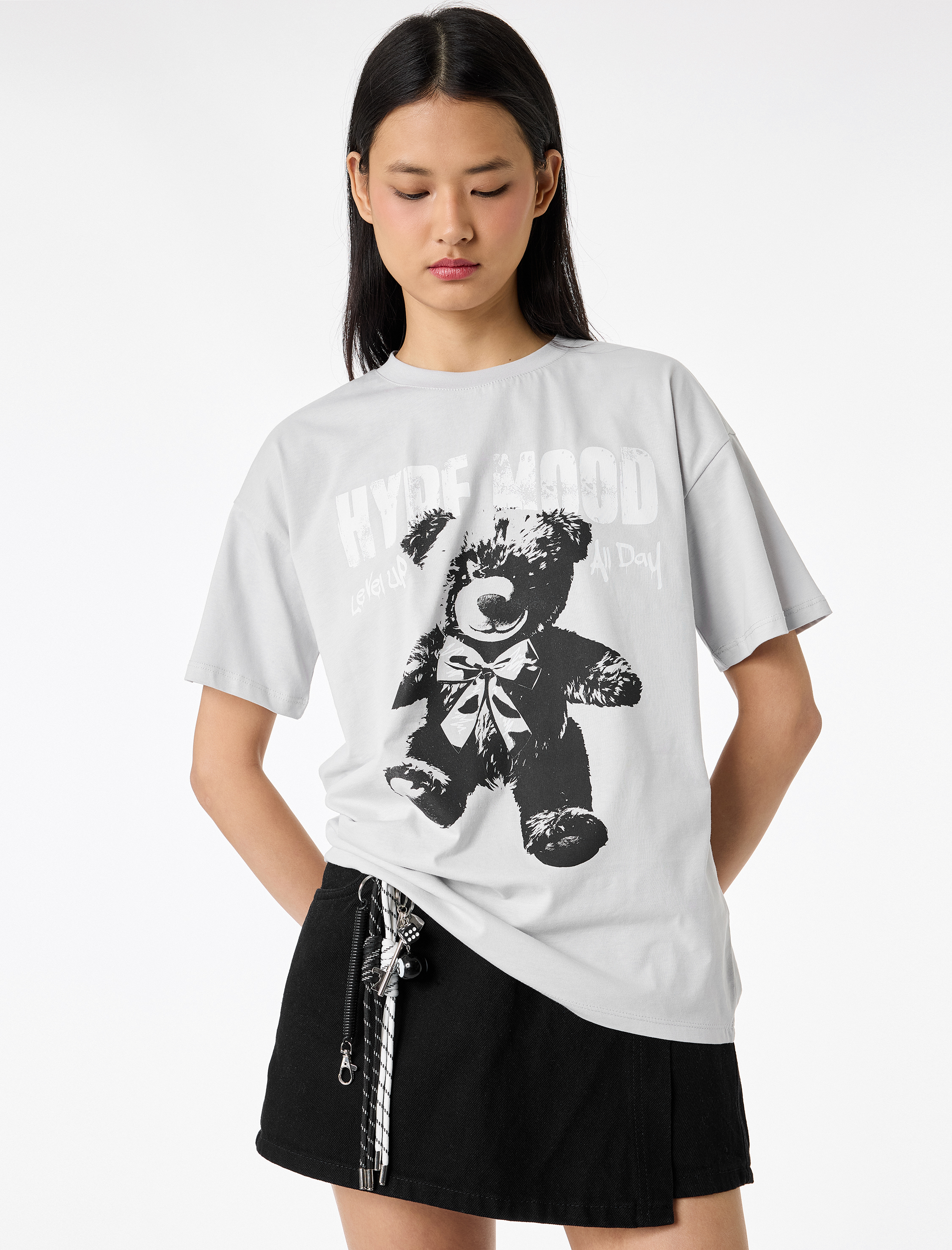   Baskılı Rahat Kalıp Kısa Kollu Bisiklet Yaka Pamuklu Tişört