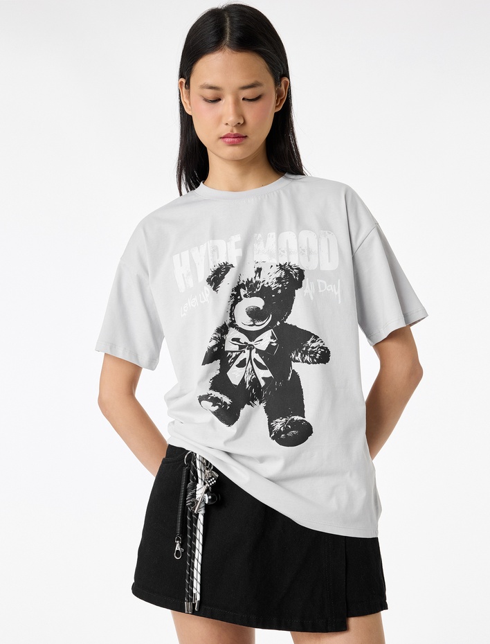  Baskılı Rahat Kalıp Kısa Kollu Bisiklet Yaka Pamuklu Tişört