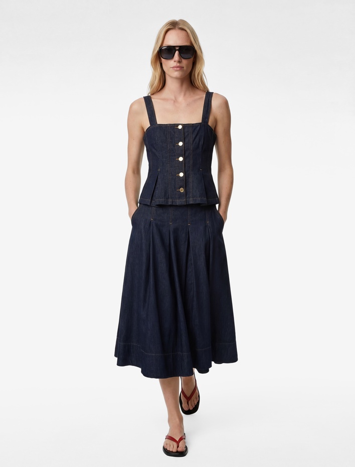  Pamuklu Rahat Kalıp Pileli Midi Denim Etek