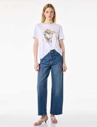 Kısa Kollu Bisiklet Yaka Varak Baskılı Çiçekli Tişört