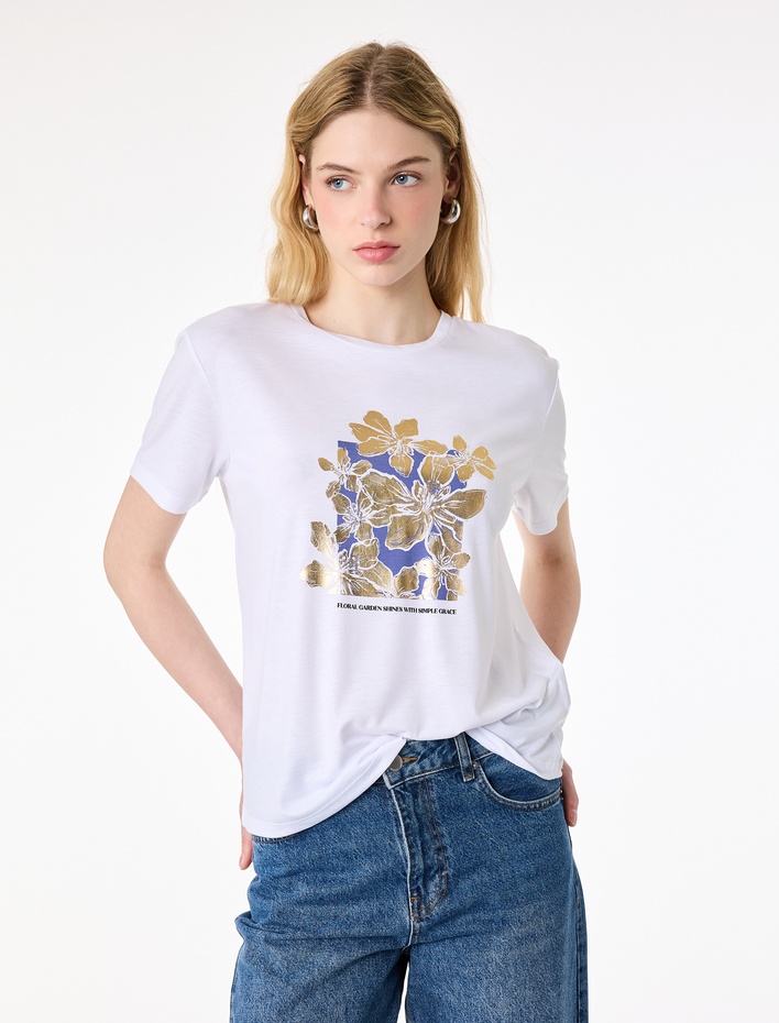  Kısa Kollu Bisiklet Yaka Varak Baskılı Çiçekli Tişört