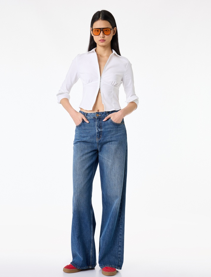  Uzun Kollu Fermuarlı Slim Fit Crop Gömlek