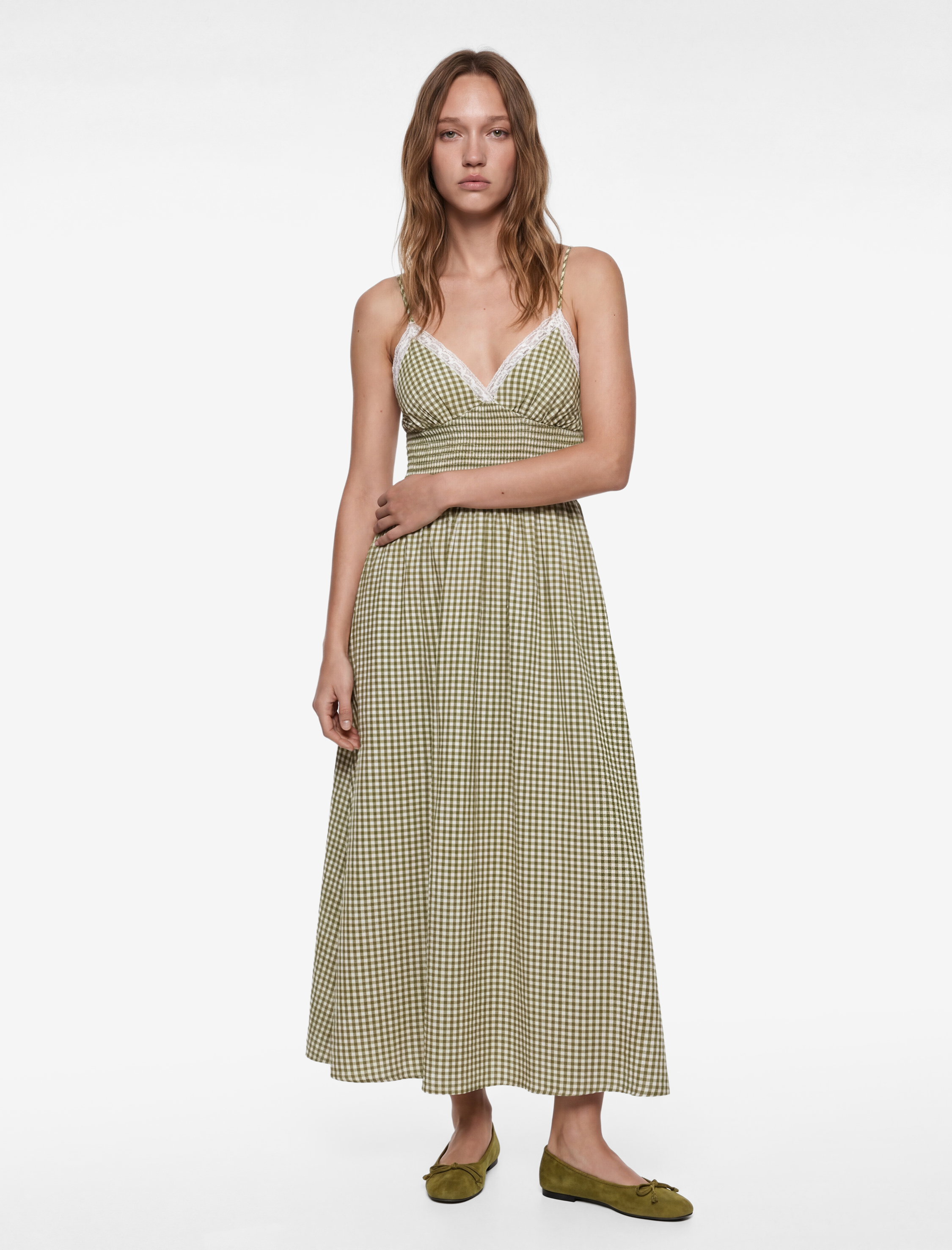   Kolsuz Gipeli V Yaka Kareli Maxi Elbise