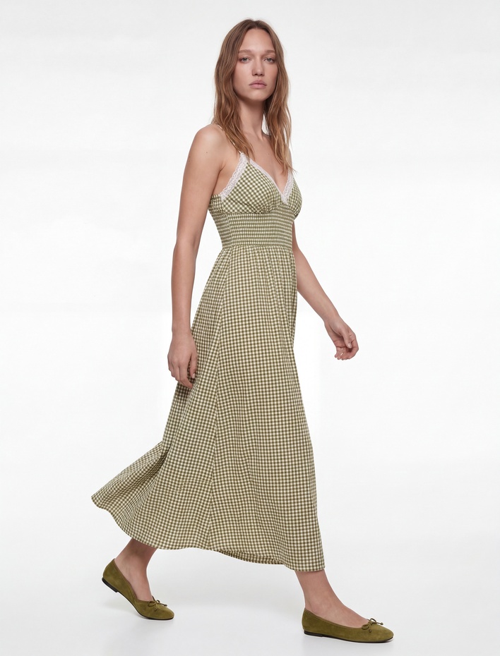  Kolsuz Gipeli V Yaka Kareli Maxi Elbise