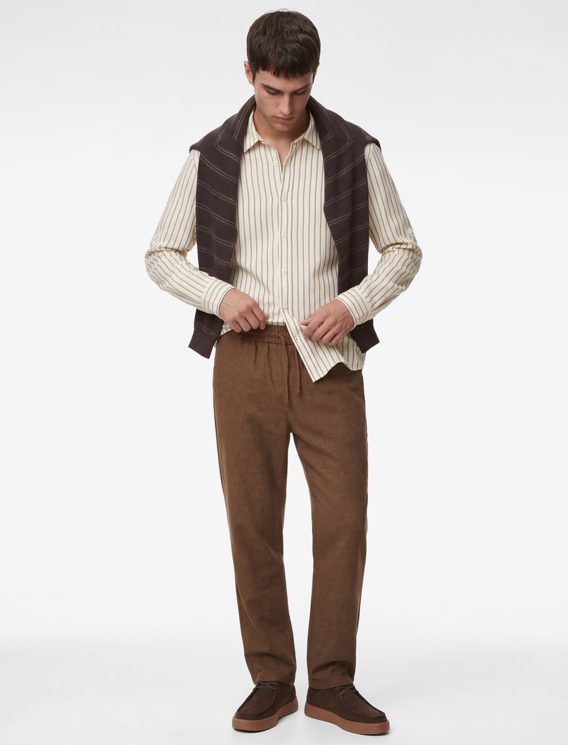   Straight Fit Cepli Pamuk Keten Karışımlı Beli Bağcıklı Pantolon