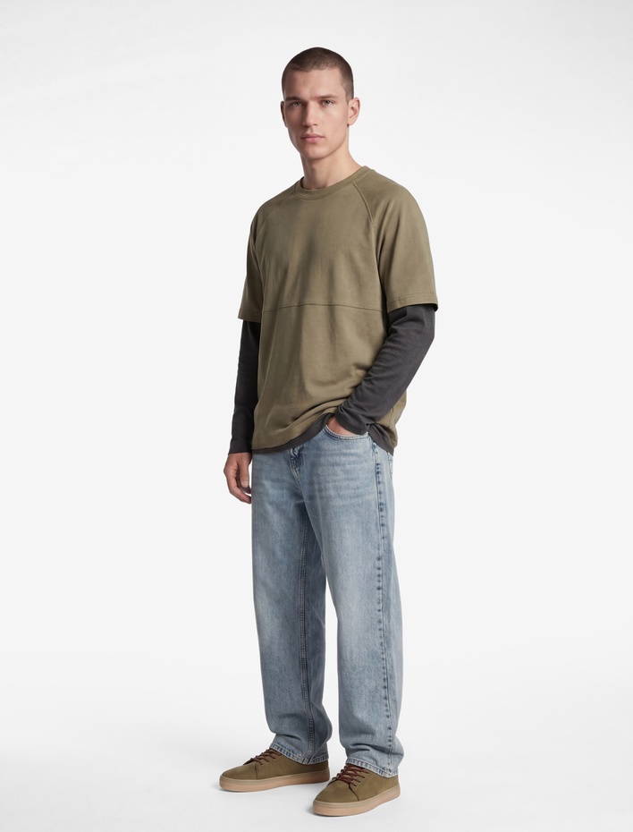  Rahat Kalıp Pamuklu Kısa Kollu Parçalı Bisiklet Yaka Tişört