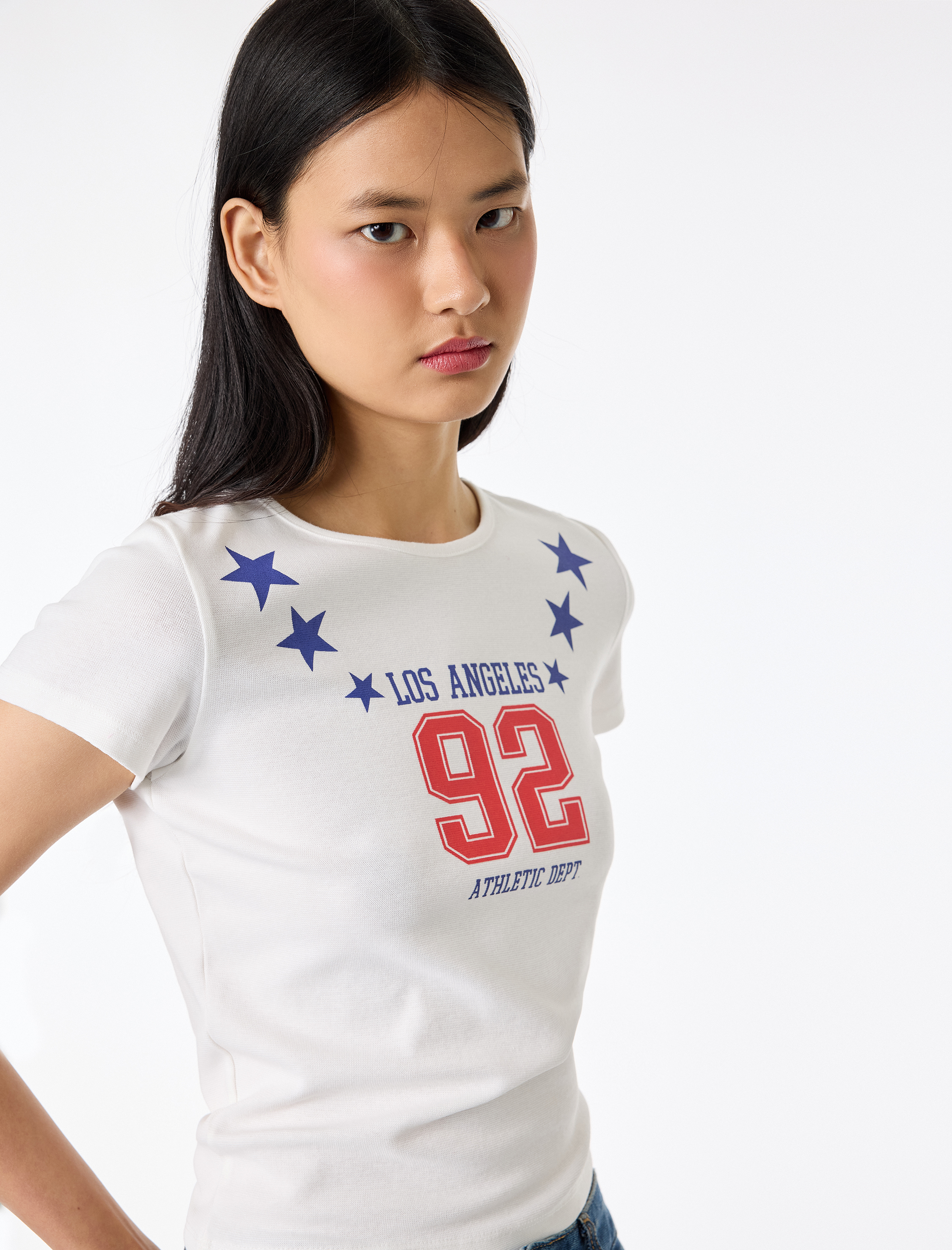   Pamuklu Baskılı Kısa Kollu Bisiklet Yaka Tişört