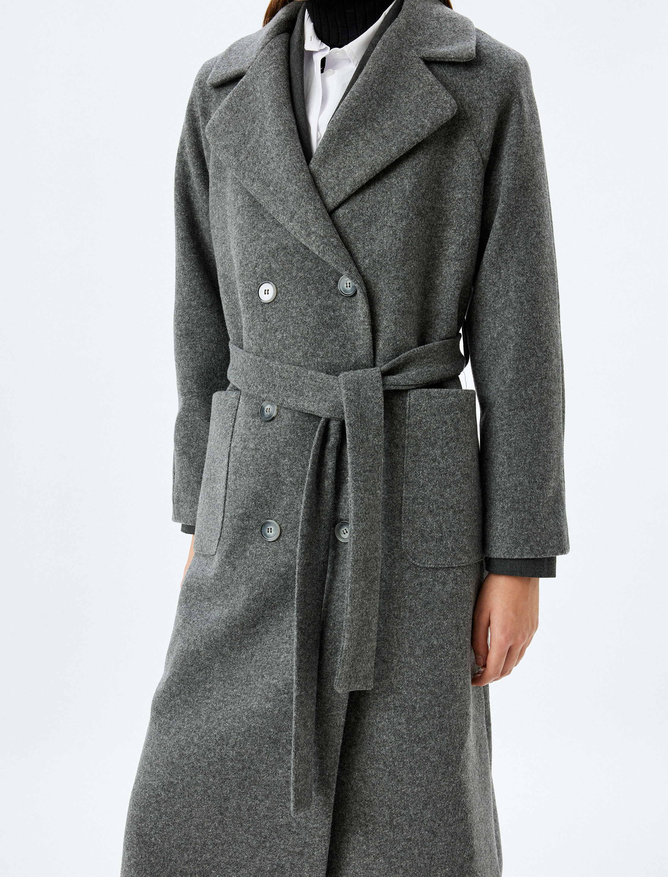   Kuşak Detaylı Cepli Düğmeli Kruvaze Ekstra Uzun Kaşe Kaban