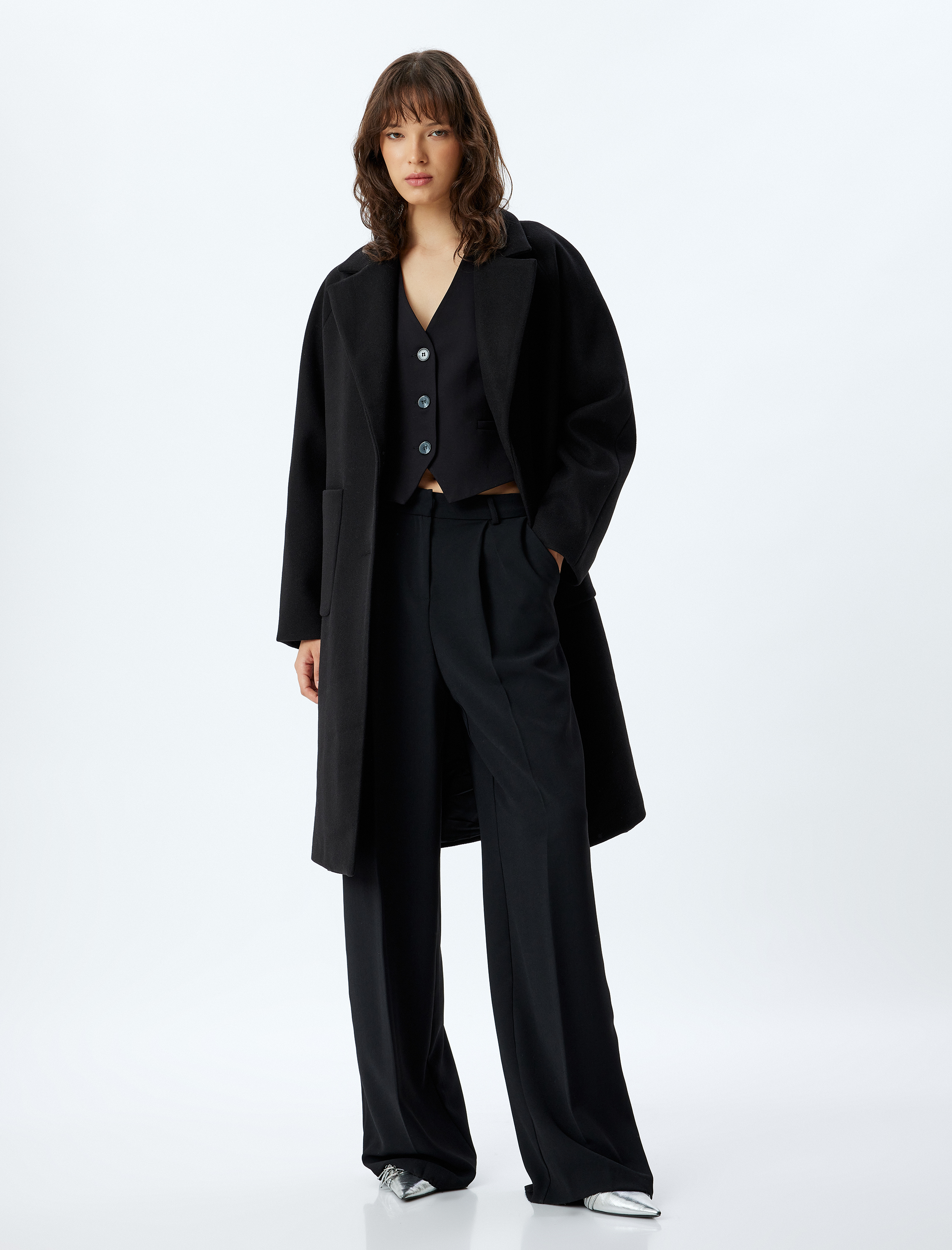   Kruvaze Düğmeli Cepli Uzun Kaşe Kaban