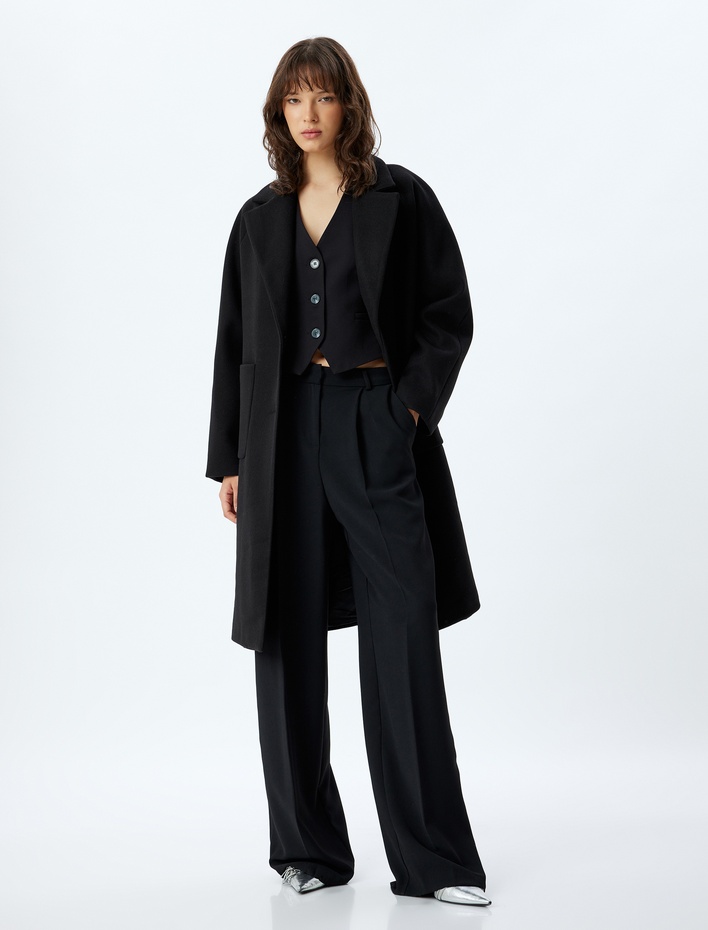  Kruvaze Düğmeli Cepli Uzun Kaşe Kaban