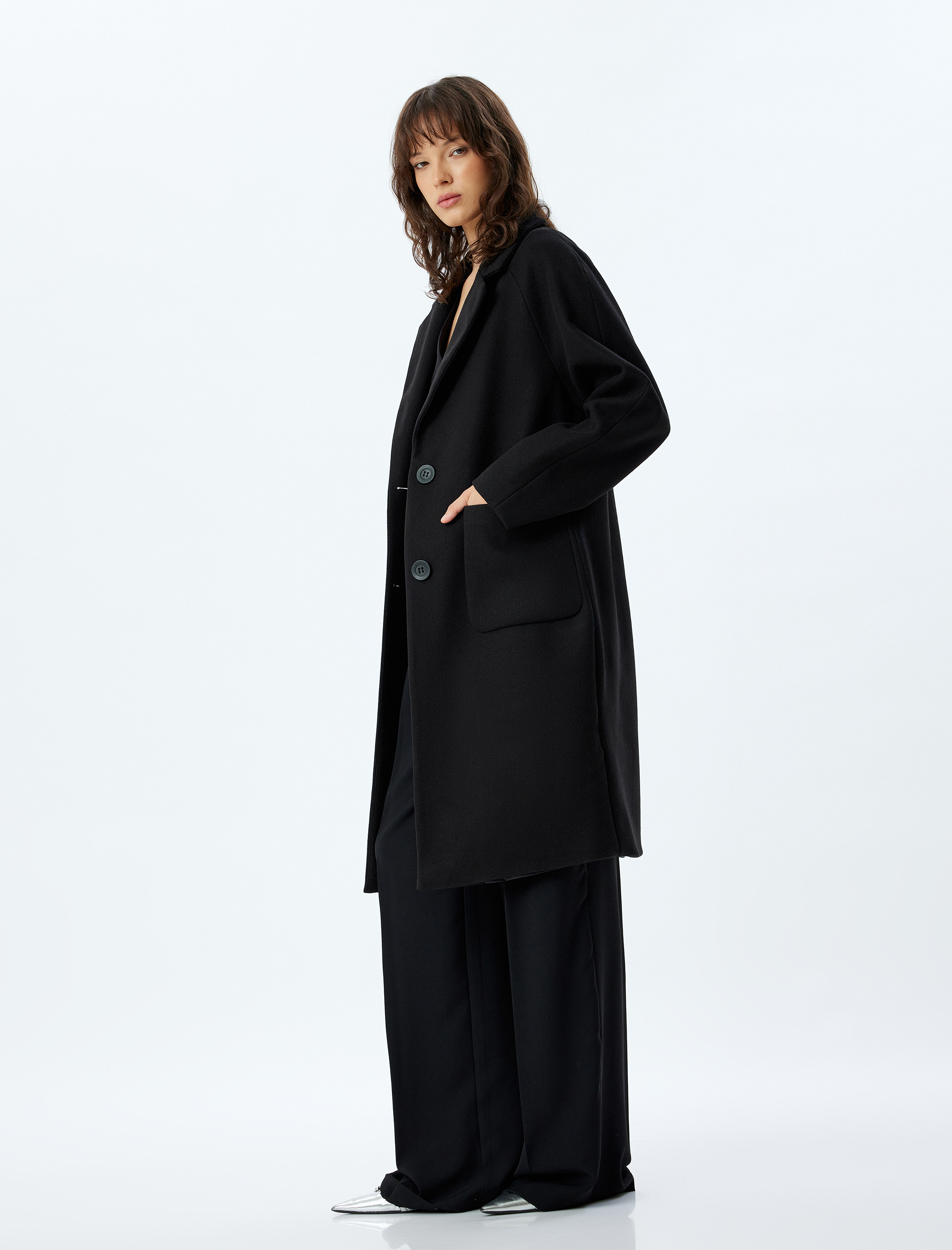   Kruvaze Düğmeli Cepli Uzun Kaşe Kaban