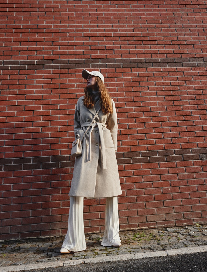  Kuşak Detaylı Cepli Düğmeli Kruvaze Ekstra Uzun Kaşe Kaban