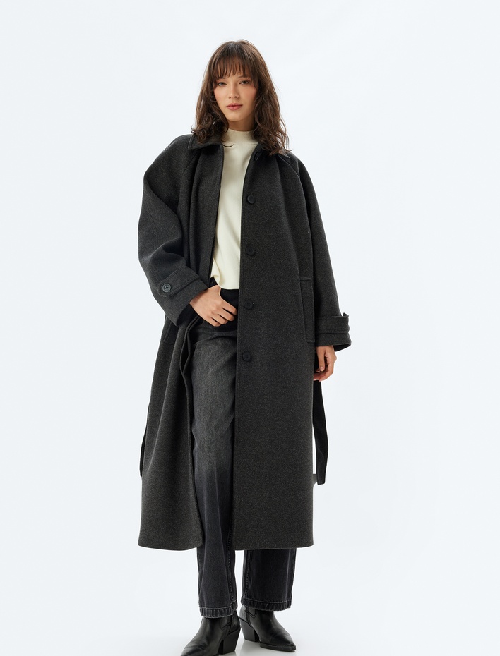  Kuşak Detaylı Cepli Kruvaze Ekstra Uzun Kaşe Kaban