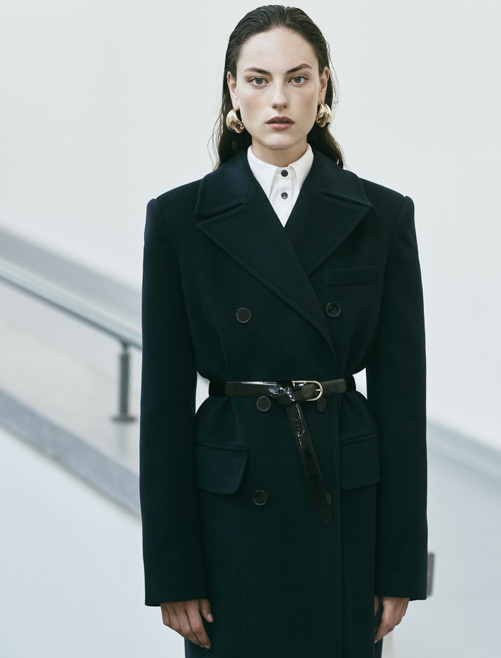  Kruvaze Düğmeli Cepli Ekstra Uzun Kaşe Kaban