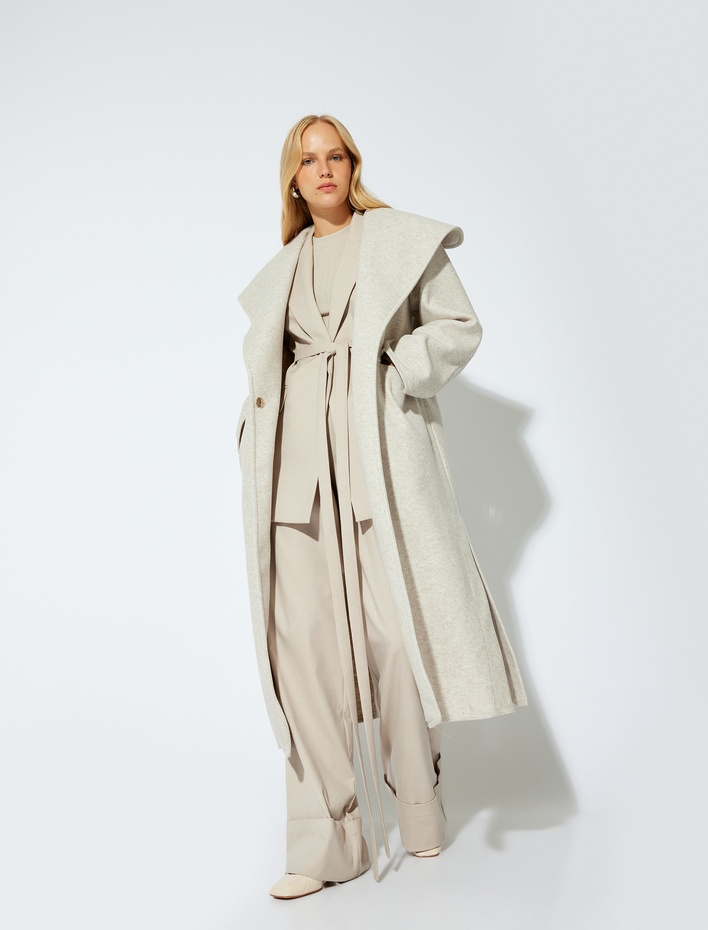  Ekstra Uzun Kaşe Kaban Geniş Şal Yaka Cepli Yandan Yırtmaç Detaylı