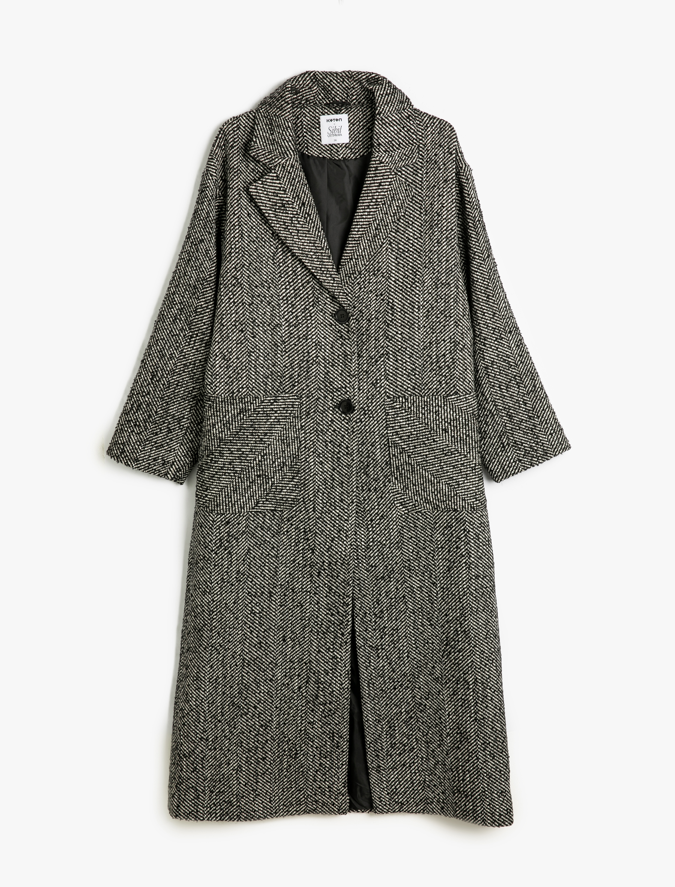   Koton X Sibil Çetinkaya - Cepli Düğmeli Uzun Kruvaze Kaban