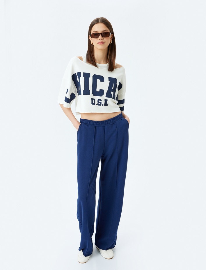  Kayık Yaka Crop Kısa Kollu Kolej Baskılı Rahat Kalıp Tişört