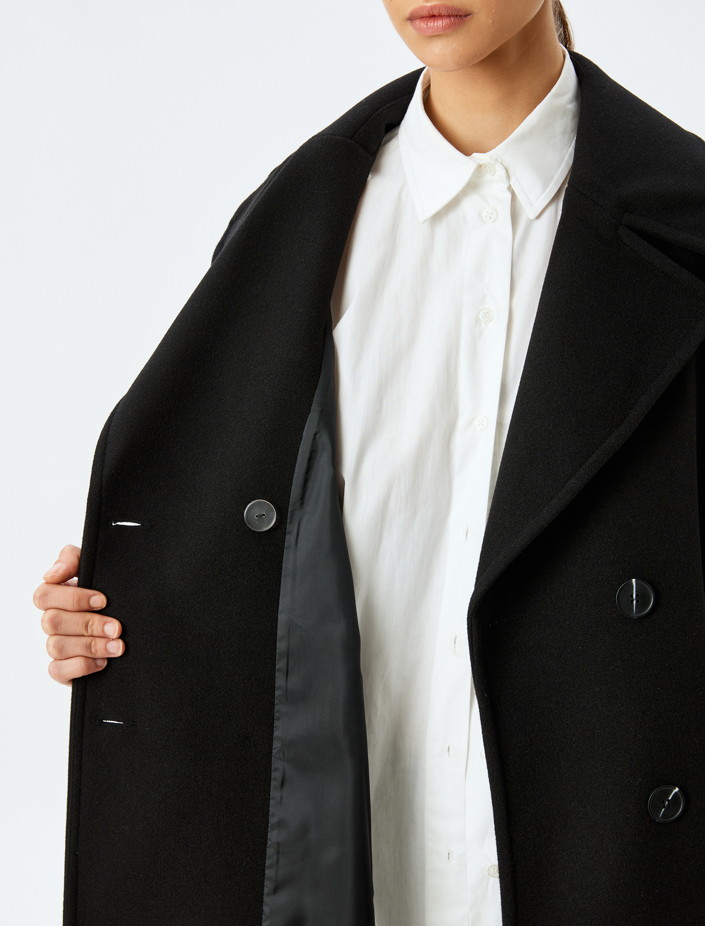   Cepli Düğmeli Kruvaze Uzun Oversize Kaşe Kaban