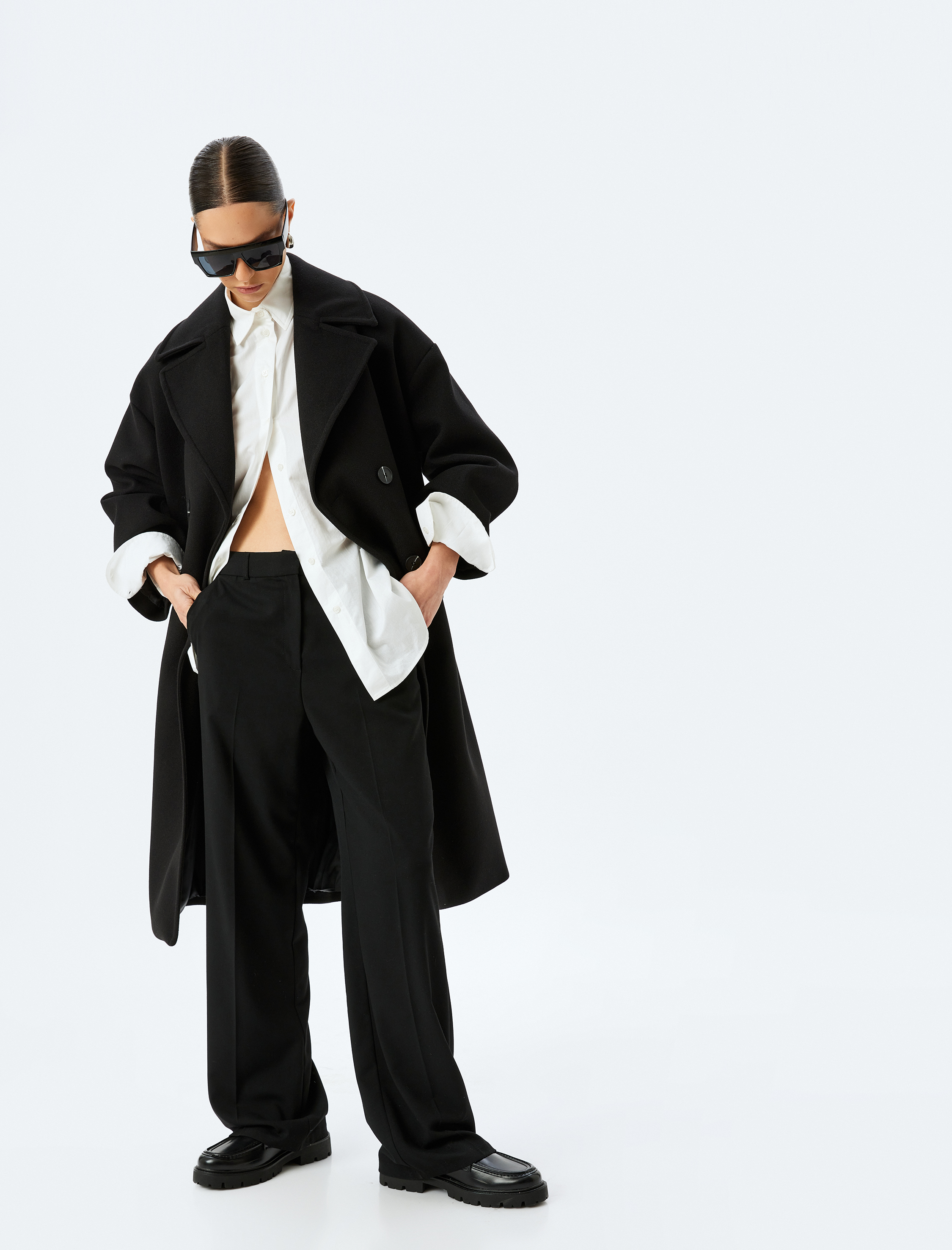   Cepli Düğmeli Kruvaze Uzun Oversize Kaşe Kaban