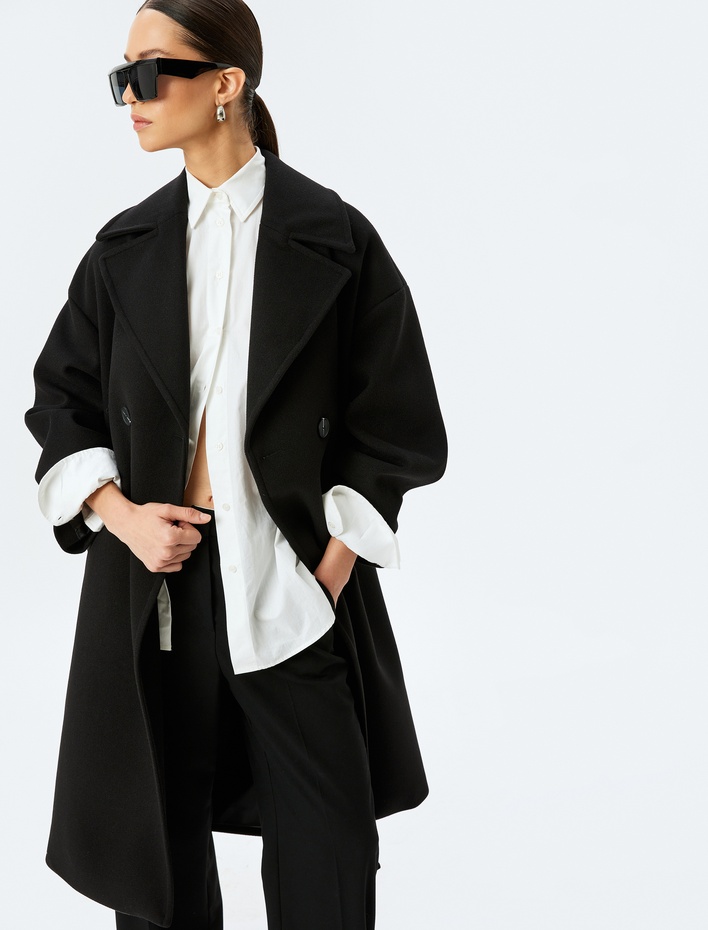  Cepli Düğmeli Kruvaze Uzun Oversize Kaşe Kaban