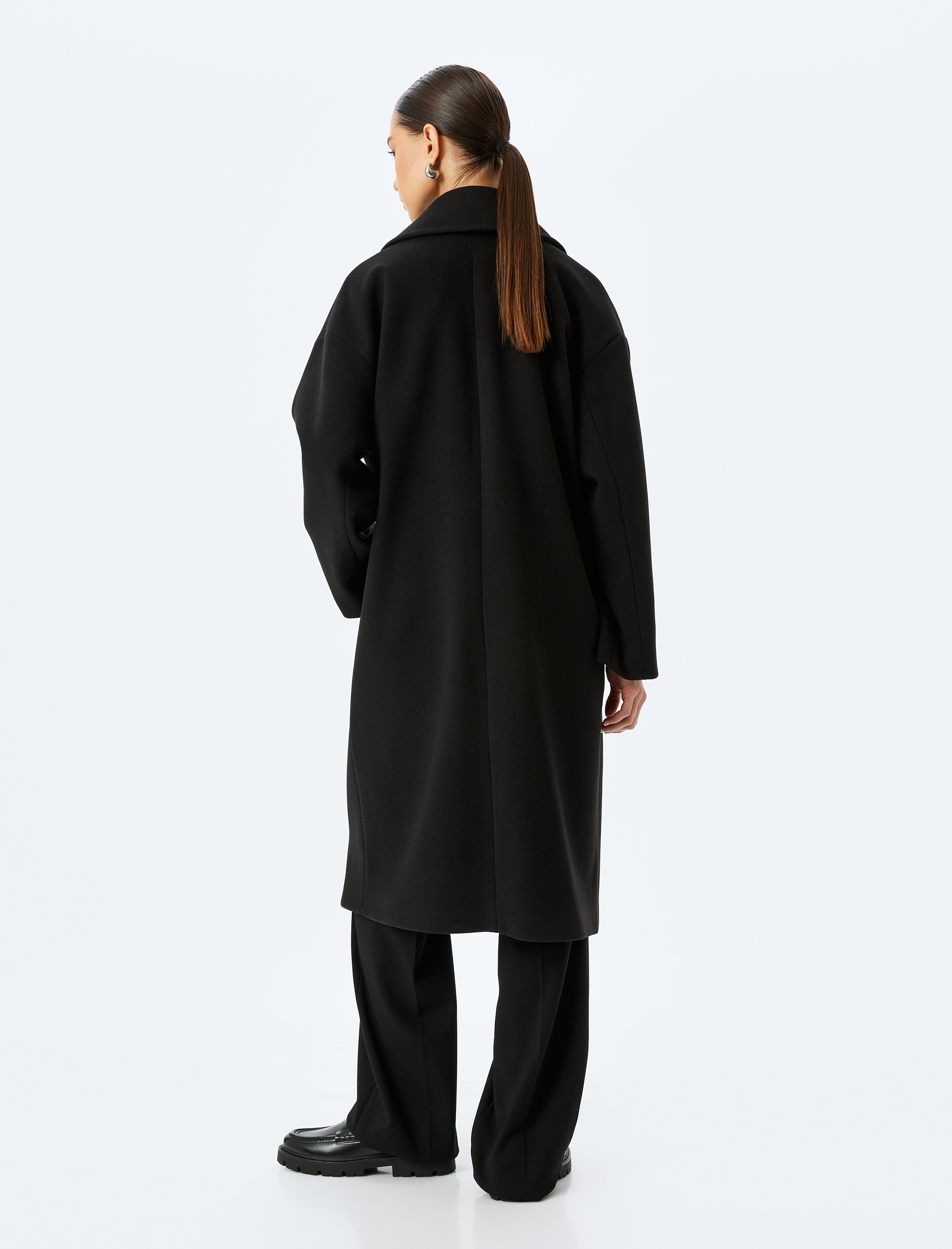   Cepli Düğmeli Kruvaze Uzun Oversize Kaşe Kaban