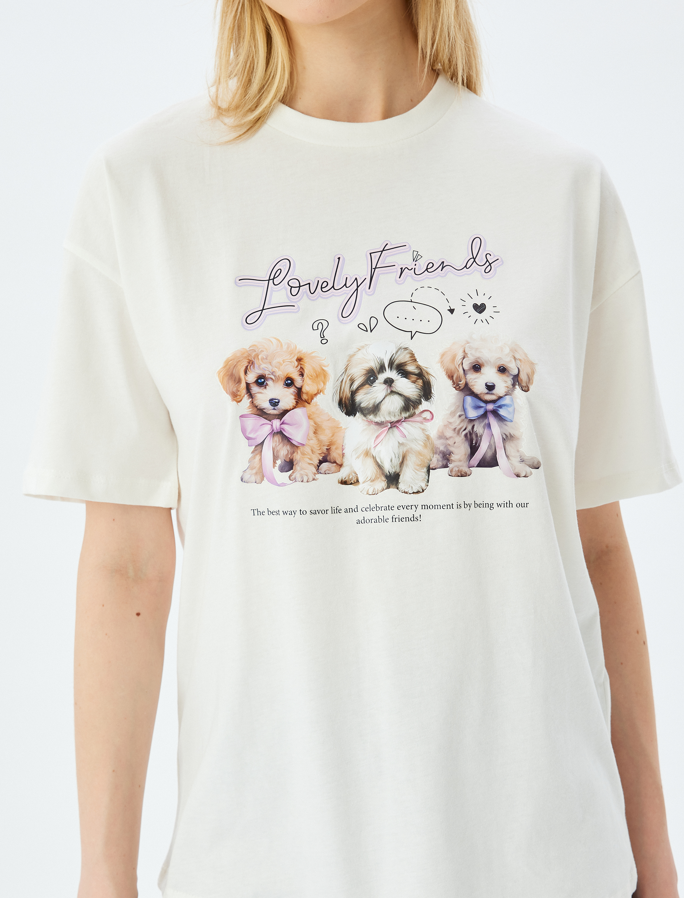   Köpek Baskılı Sloganlı Bisiklet Yaka Kısa Kollu Tişört