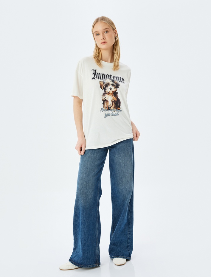  Köpek Baskılı Sloganlı Bisiklet Yaka Kısa Kollu Tişört