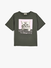 Pamuklu Kısa Kollu Bisiklet Yaka Baskılı Tişört