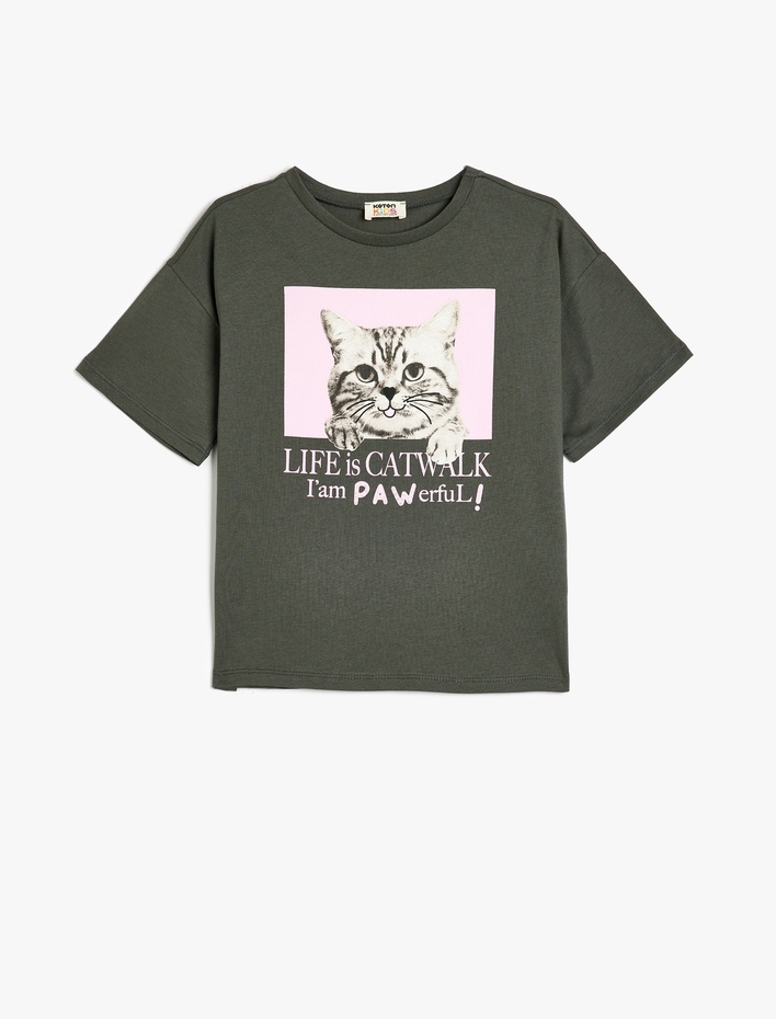 Kız Çocuk Pamuklu Kısa Kollu Bisiklet Yaka Baskılı Tişört