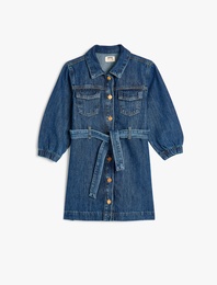 Kot Elbise Gömlek Yaka Uzun Kollu Kemer ve Düğme Detaylı Pamuklu