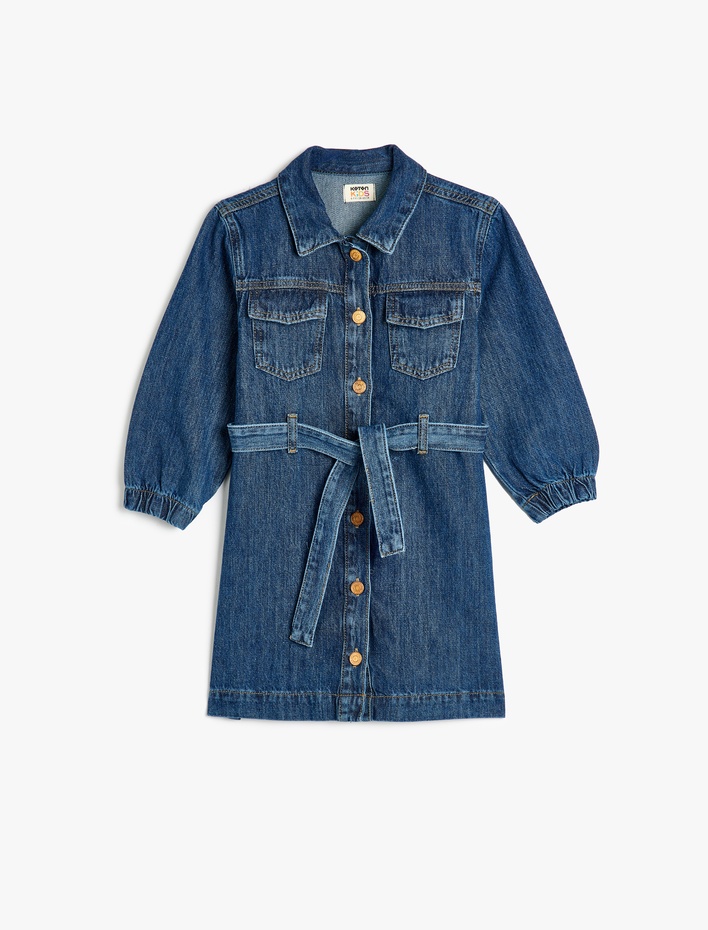 Kız Çocuk Kot Elbise Gömlek Yaka Uzun Kollu Kemer ve Düğme Detaylı Pamuklu