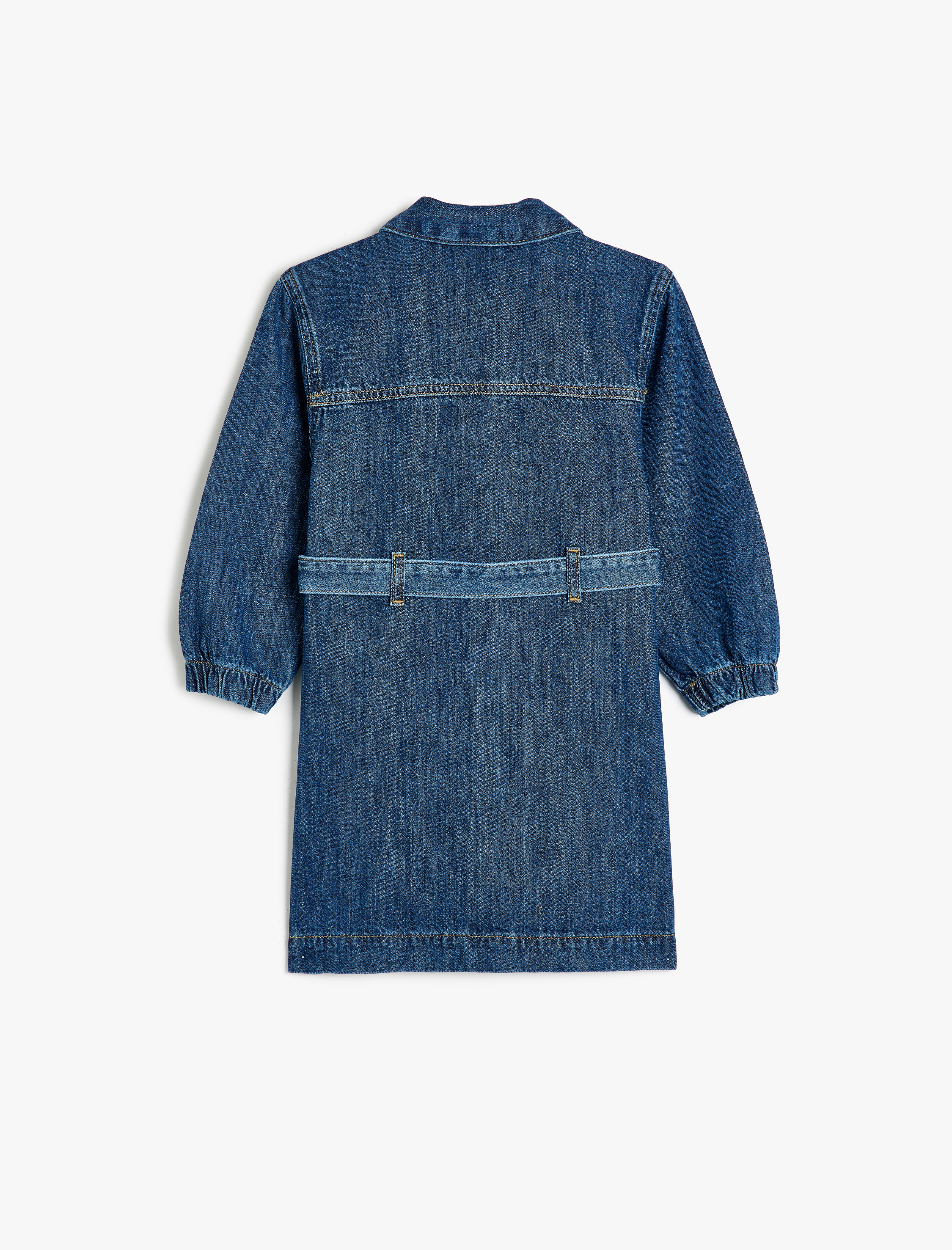  Kız Çocuk Kot Elbise Gömlek Yaka Uzun Kollu Kemer ve Düğme Detaylı Pamuklu