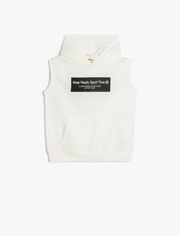 Oversize Kapşonlu Sweatshirt Kolsuz Slogan Baskılı Kanguru Cepli