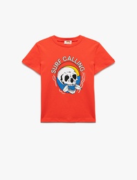 Kısa Kollu Tişört Baskı Detaylı Bisiklet Yaka Pamuklu