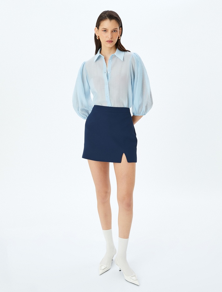  Dokulu 3/4 Balon Kollu Yarı Transparan Gömlek