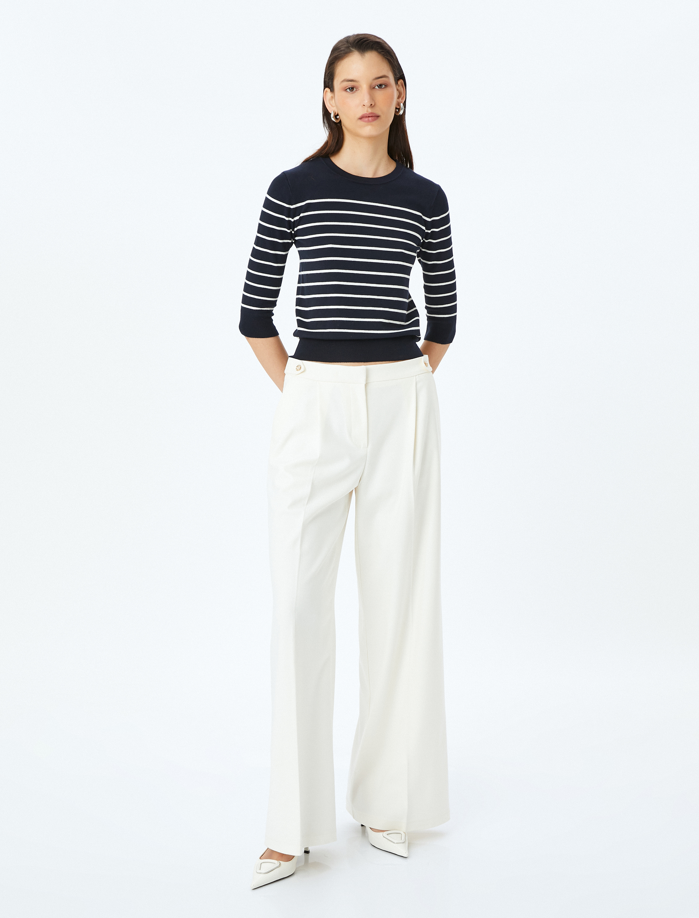   Yuvarlak Yaka 3/4 Uzun Kollu Çizgili Triko Kazak