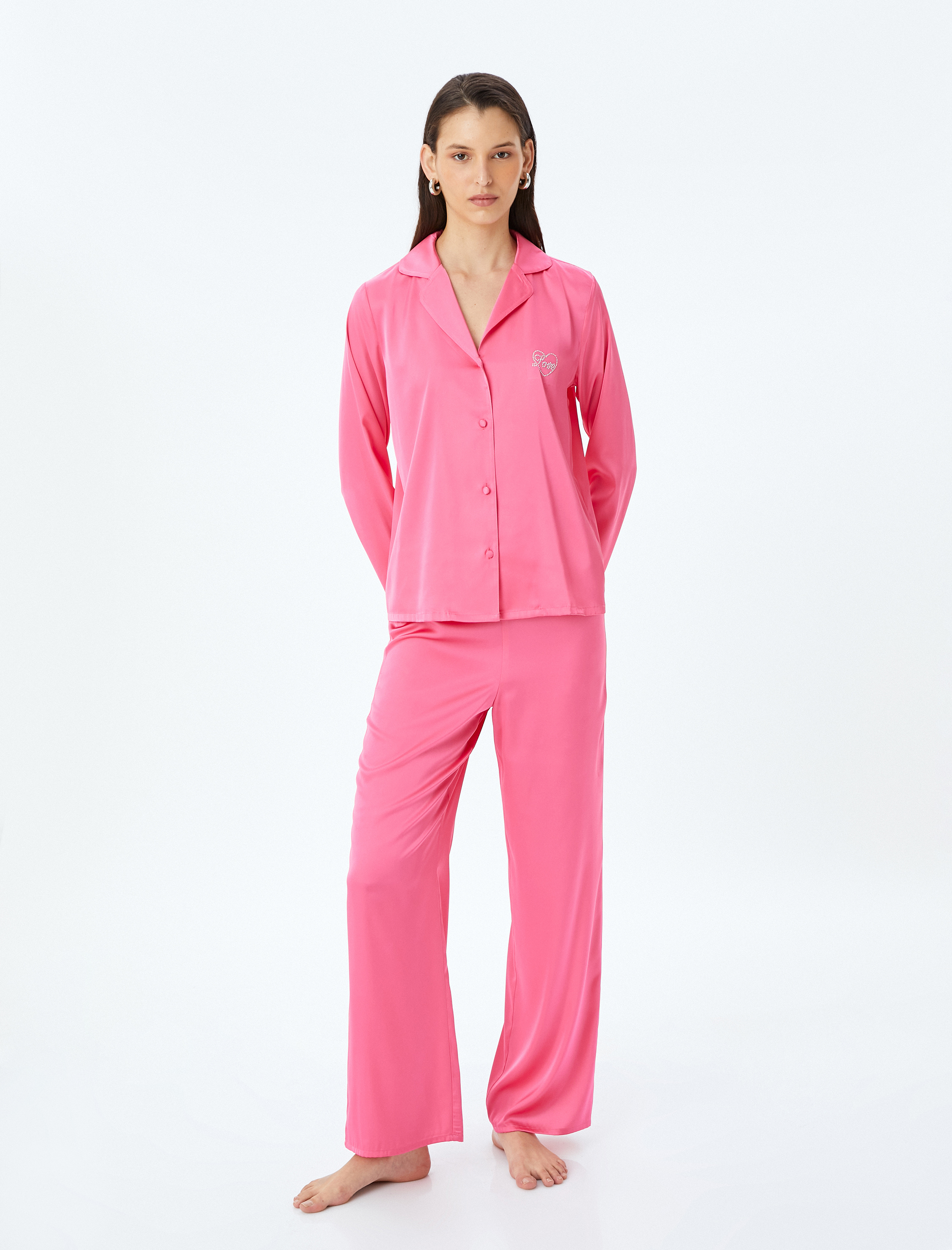   Gömlek Yaka Uzun Kollu Düğmeli Saten Pijama Üstü